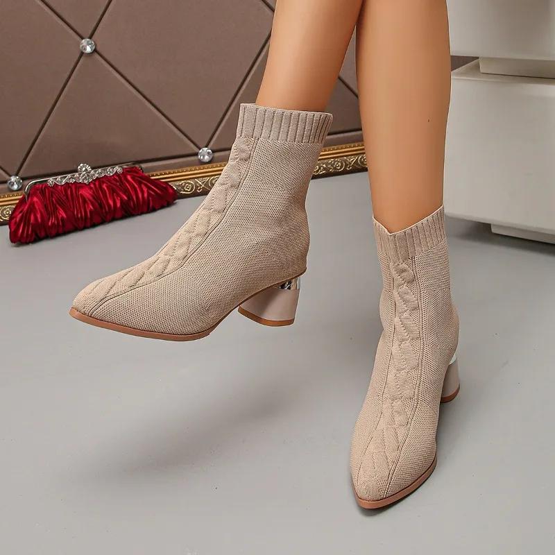 Fashion 2024 Plus Size Ladies Shoes Ankle Women's Boots Elegant Knitted Boots Women Pointed Toe Slip On Chunky Heels Shoes Women Zapatos