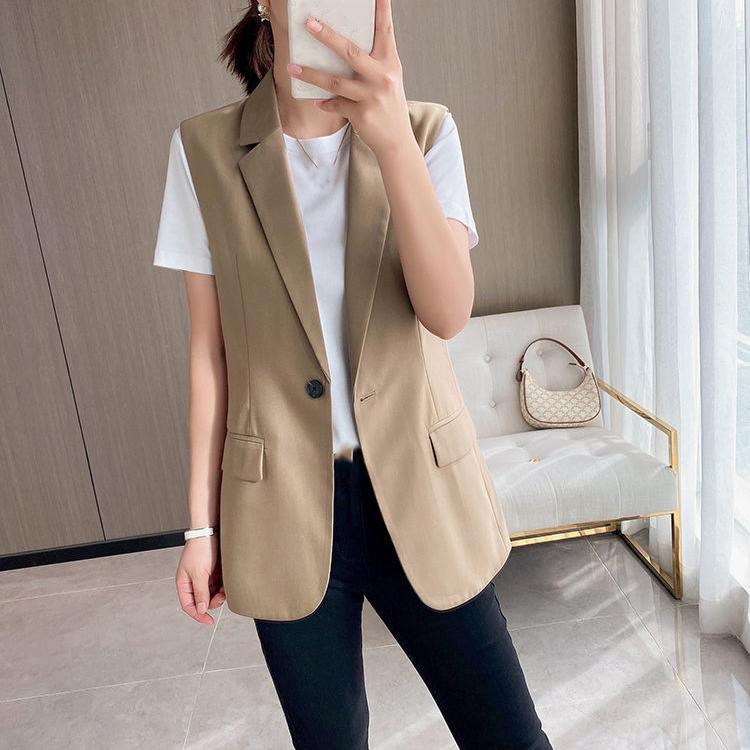 Elegante Fashionável Minimalista Estiloso Roupa Exterior Feminina Tendência Estilo Coreano Blazer Conjunto Colete Fibra de Poliéster