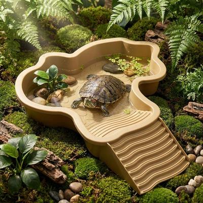 Anti-Slip Base Reptile Bathing Pool with Ramp Imitation Rock Ladders Turtle Soaking Tub Wear Resistant Plastic Turtle Bath Basin