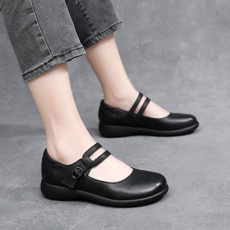 Mom Shoes Spring and Summer Soft Leather Soft Sole One-word Buckle Single Shoes Flat Sole Comfortable Middle-aged and Elderly Retro Shallow Mouth Lea