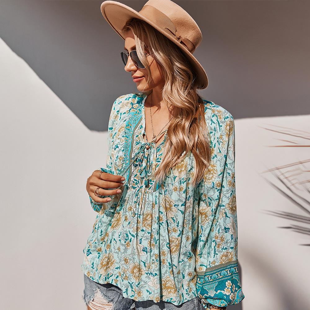 Women's Summer V Neck Printed Lantern Long Sleeve Loose Top