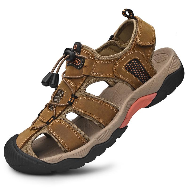 Fashion Genuine Leather Men Sandals Anti-collision Toe Mens Canyoning Shoes Durable Handmade Beach Shoes Non Slip Indoor Outdoor Sandals