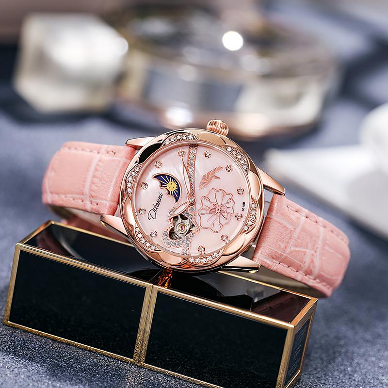 Watches Women Fashion Watch Automatic Mechanical Rhinestone Skeleton Dial Premium Leather Band Elegant Lady Watch New