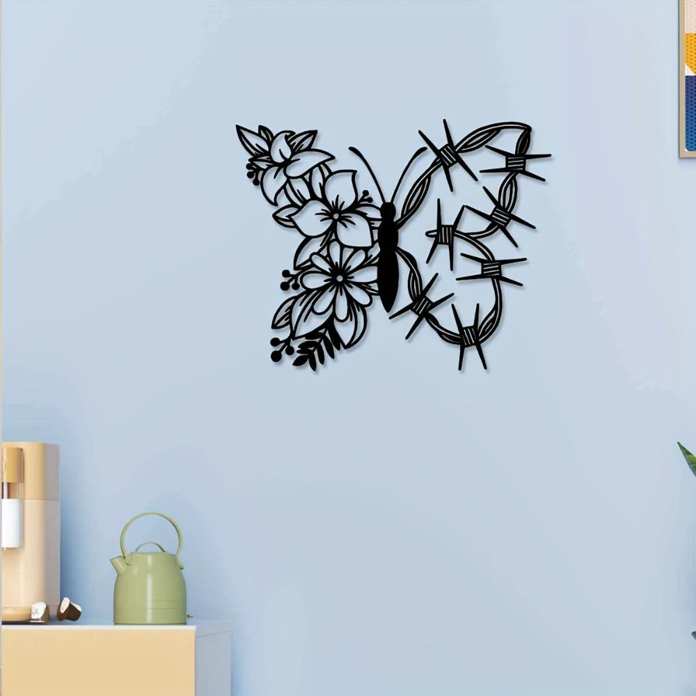 1pc Metal Butterfly Flower Wall Art, Indoor Outdoor Home Decor for Farmhouse Living Room Bedroom Porch Fence Garden Courtyard