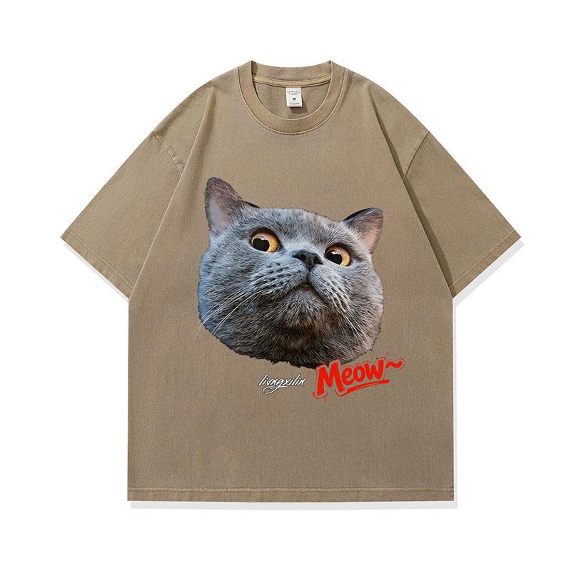 Men'S T-Shirt Street Retro Cat Digital Direct Injection Printing Pod Custom Cotton Washed Short-Sleeved T-Shirt Men