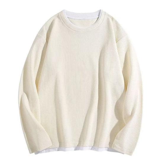 Men O-Neck Waffle Sweatshirt Fake Two-Piece Long Sleeve T-shirt Casual Loose Pullover for Spring Autumn Daily Wear Street
