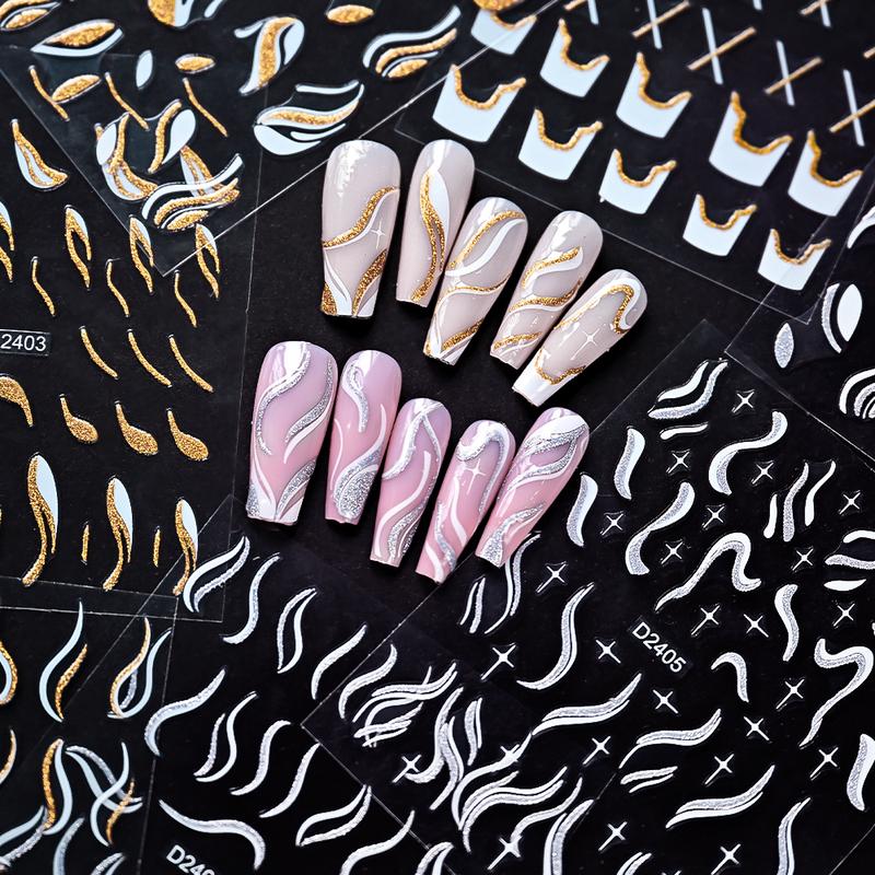 1pcs Gold Glitter French Design Nail Stickers White Silver Curve Lines Stripe Wave Nail Decals Slider Reflective Manicure Wraps