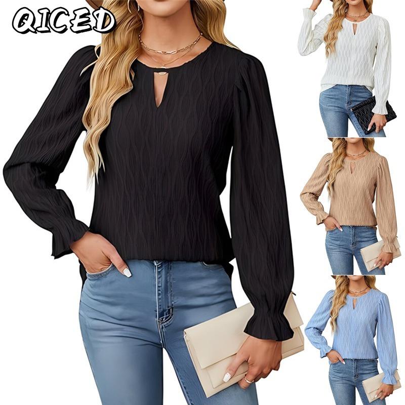 QICED Women's Fashion Casual Solid Color Print O-Neck Long Sleeve Blouses & Shirts