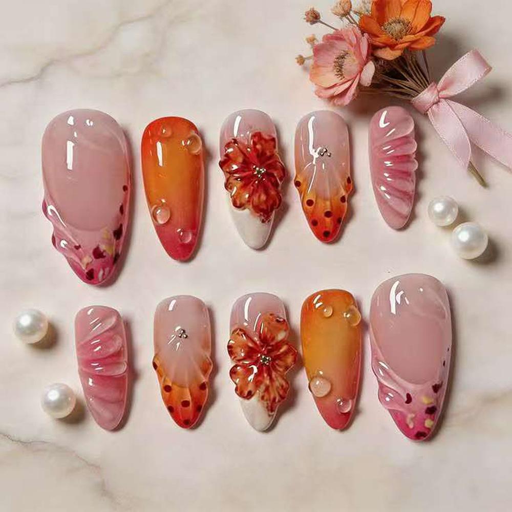 24PCS Orange 3D Carved Flowers Almond Press on Nails Green French Sweet Lemon Fake Nails Tips Wearable Full Cover Acrylic Nails
