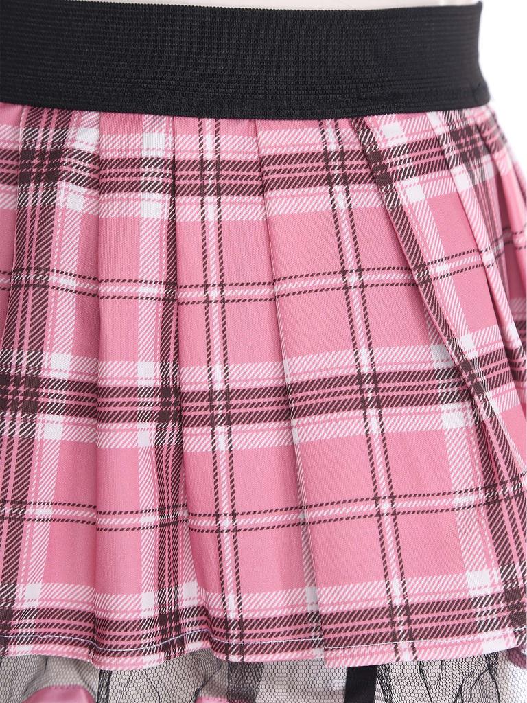Damska Mini Spódniczka Cosplay Uczennicy z Podwiązkami Warstwowa Plisowana w Kratę z Podszewką z Tiulu Elastyczny Pas