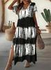 Plus Size Women's Summer V-Neck Slit Dress with Digital Print - European & American Street Style