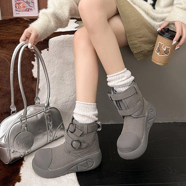 

Height-increasing thick-soled snow boots women s 2025 autumn new ugly cute big-headed short boots velvet warm small cotton boots 35