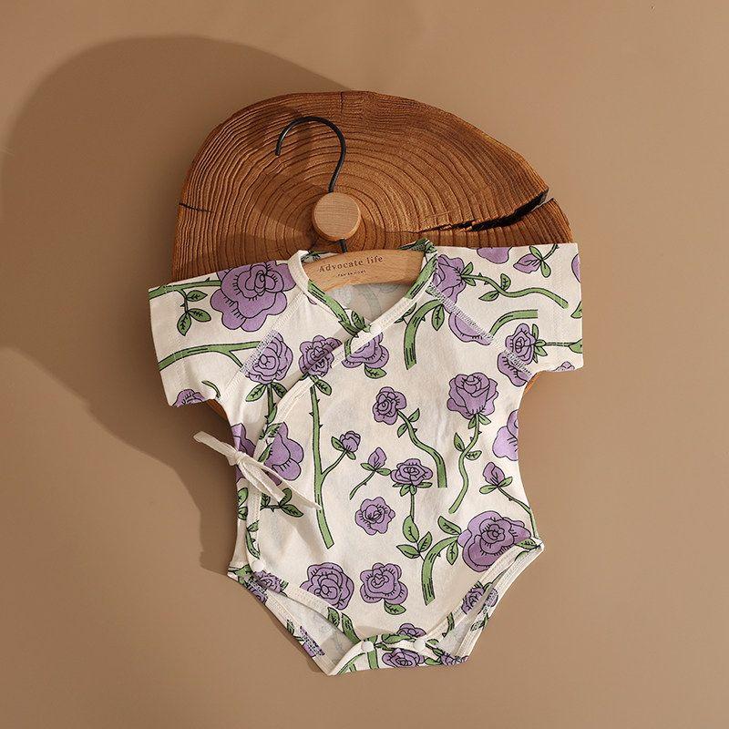 Yingzi Newborn Baby Rompers Summer Thin Baby Belly Protection Triangle Rompers Short Sleeve Jumpsuit Suit Purple Rose Bag 59