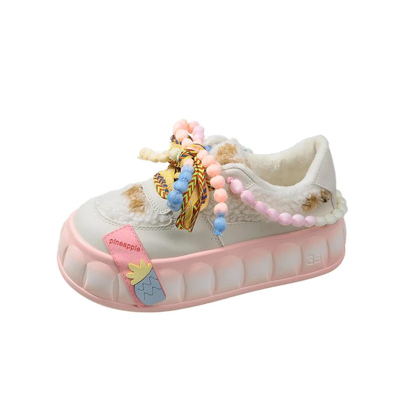 Fashion Designer Cute Kawaii Dad Shoes for Women Girls Platform Vulcanized Shoes Ladies Colorful Round Head Casual Fur Warm Shoes Winter