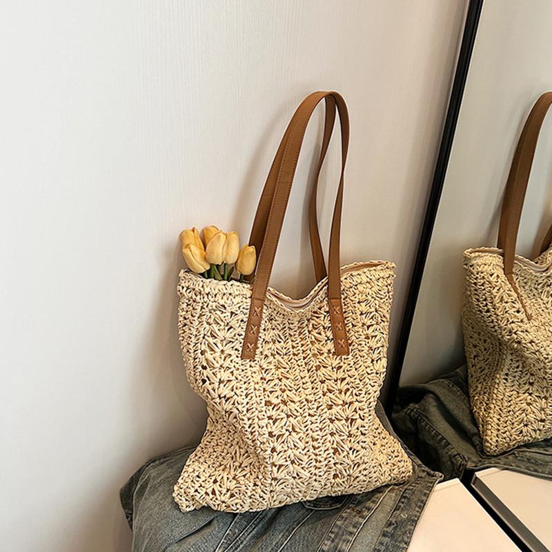 Women's Straw Weave Bag Boho Hollow Design Summer Large Capacity Bucket Handbag Rattan Weave Handmade Craft Tote Basket