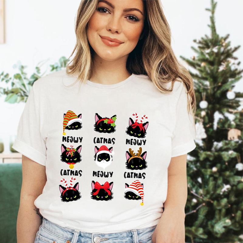 Merry Christmas Cat Classic Tshirt Santa Cat Lover Gift for Christmas Crew Neck Womens Clothing Festive Short Sleeve Tshirts S