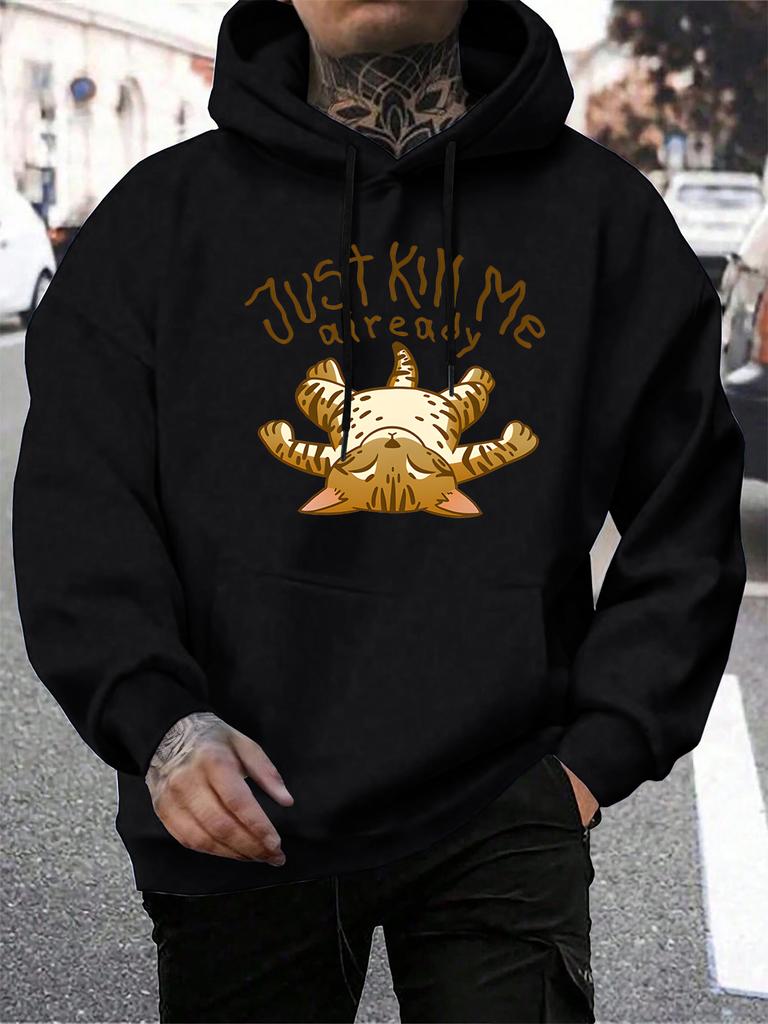 Bring mich einfach um schon Cartoon Katze Muster Herren Hoodie Harajuku Herbst Streetwear Mehrfarbig Fleece Pullover Locker Kängurutasche Hoodies