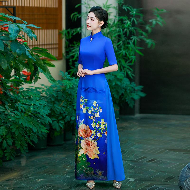 2025 Summer Blue Ao Dai-Inspired High-End Cheongsam Dress for Runway and Evening Wear