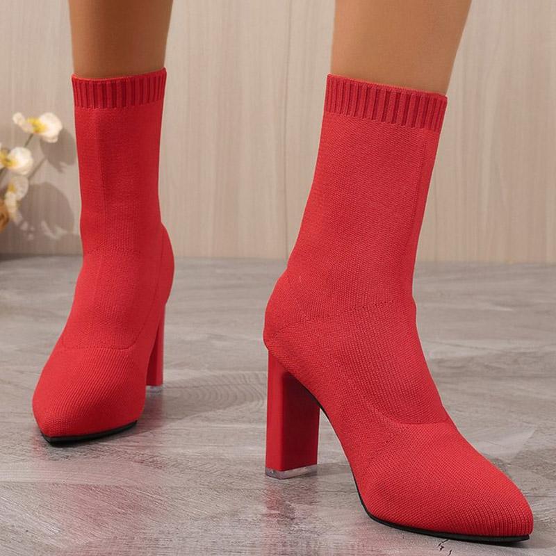 2024 New Wine Red Black Womens Boots Pointed Toe Shoes Elasticity Knitting Short Spring Autumn Shoes Elegant High Heels Shoes