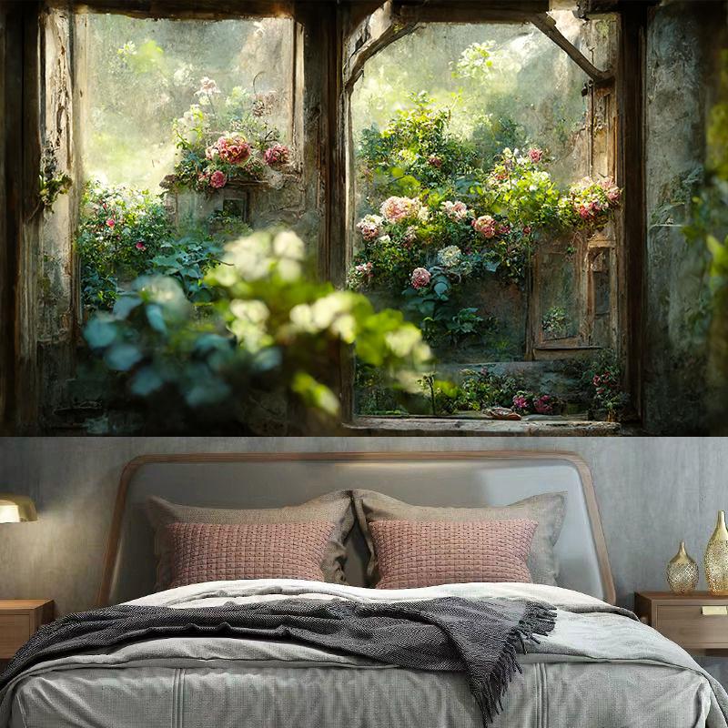 Vintage Garden Window Sill Floral Tapestry Wall Art Decoration Background Cloth Room Aesthetic  Home