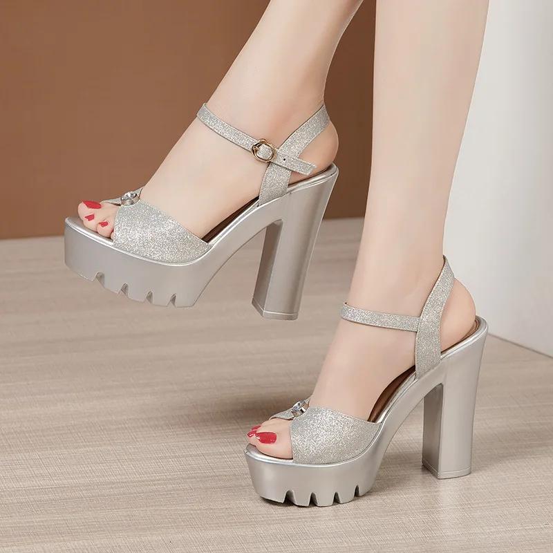 13cm Small Size 32-43 Block High Heels Sandals Summer Wedding Shoes 2025 Thick Platform Sandals Women Soft Leather Sandal Silver