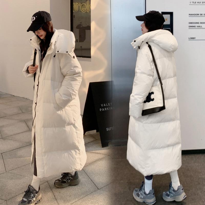 Herfst en Winter Mode Losse Katoenen Jas met Capuchon Dames Lange Bovenkleding Over de Knie Donsjas Dikke Broodjas Warme Jas
