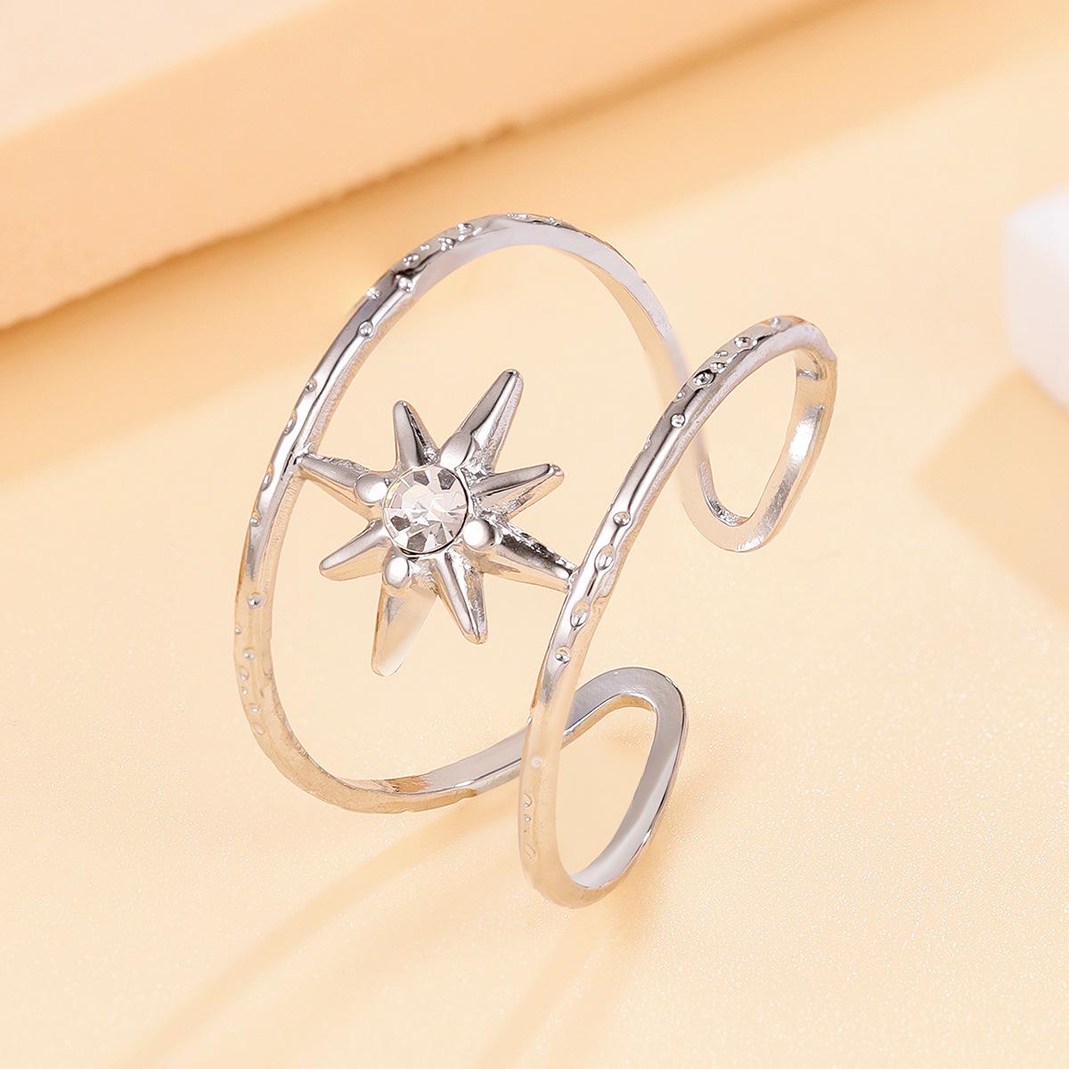 Elegant Retro Hollow Eight-Pointed Star Diamond Stainless Steel Adjustable Ring for Women