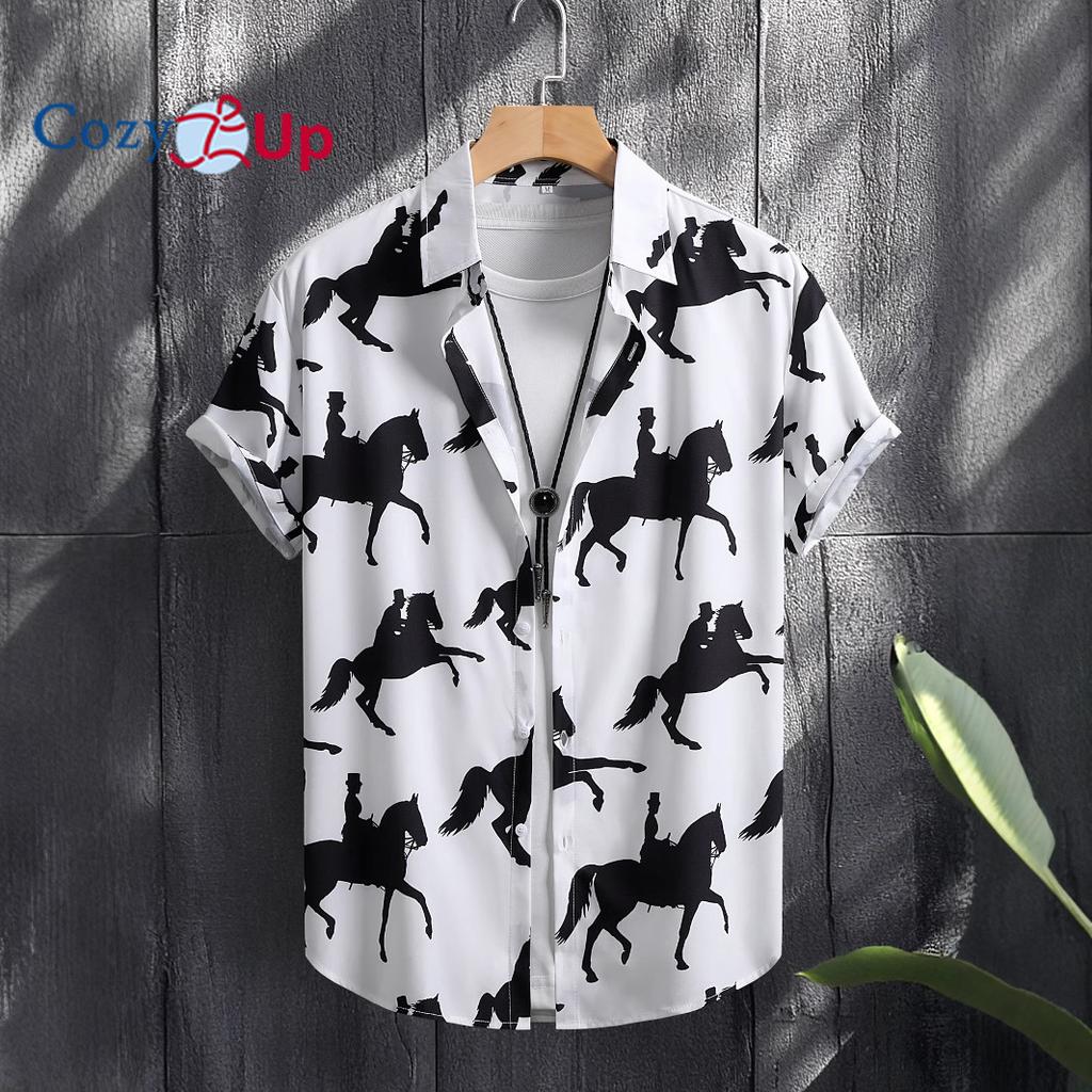 Men's Black Horse Print Men's Short Sleeve Shirt Men's Shirt Summer 2025 New