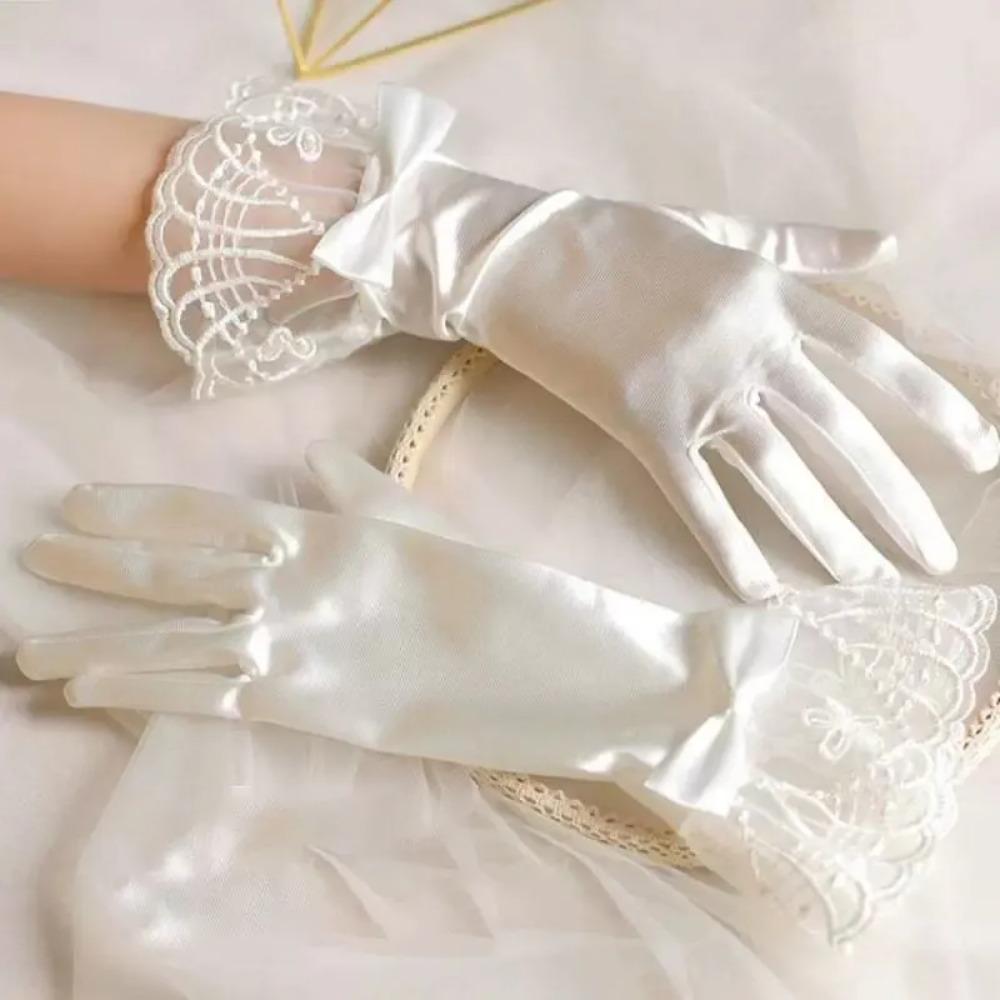 Lace Mesh Wedding Gloves Bow Pearl Chiffon Gloves Vintage Wedding Accessories  Prom Cosplay