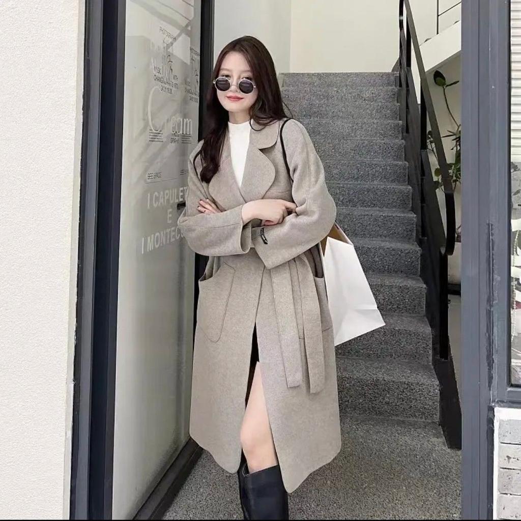 Women's Autumn and Winter Medium-length Temperament Loose Lacing Coat Solid Color Double-sided Velvet Coat
