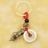 Retro Copper Keychain Pendant with Five Emperors Money Feng Shui Twelve Animal Charm Good Fortune Red Rope Key Chain Bag Car Accessory