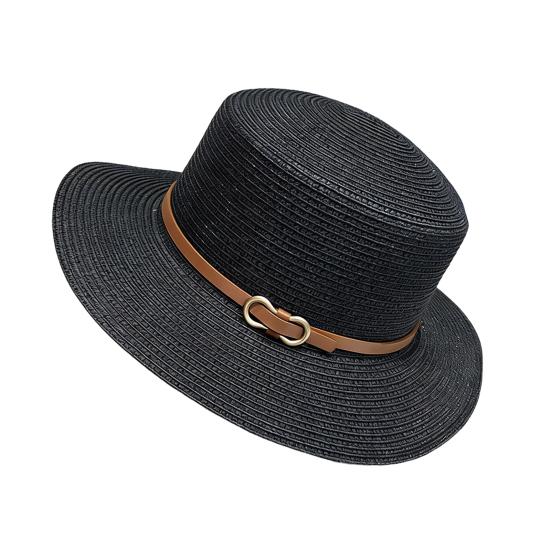 Panama Hat Women Men Faux Leather Buckle Straw Sun Hat French Style Flat-Top Style Wide Brim UV Protection Beach Hat