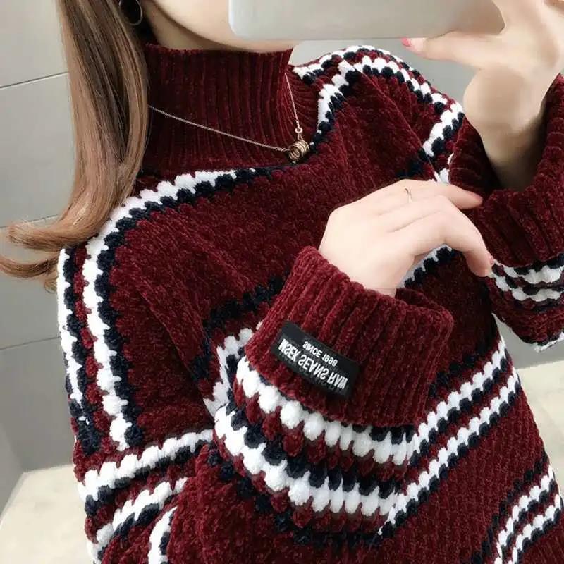 WTEMPO Women's Autumn Winter Large Size All-match Striped Sweaters Female Loose High Collar Long Sleeve Warm Knitted Pullover