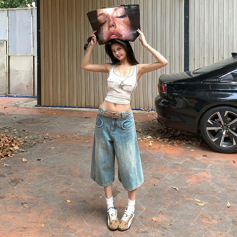 Trendy Summer Designer Slub Vintage Distressed Loose Straight Wide Leg Cropped Capri Denim Pants For Women Versatile Slimming Casual Bottoms