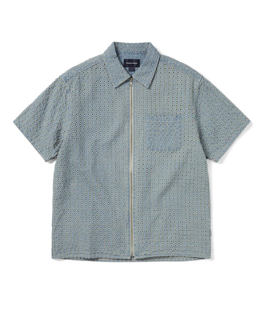 THISISNEVERTHAT Damaged Denim Zip S/S Shirt Washed Blue