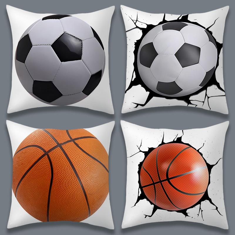 Soccer & Basketball Throw Pillow Covers, Cracked Wall Ball Print Cushion Cases, Sporty Fan Home Decor For Bedroom Living Room
