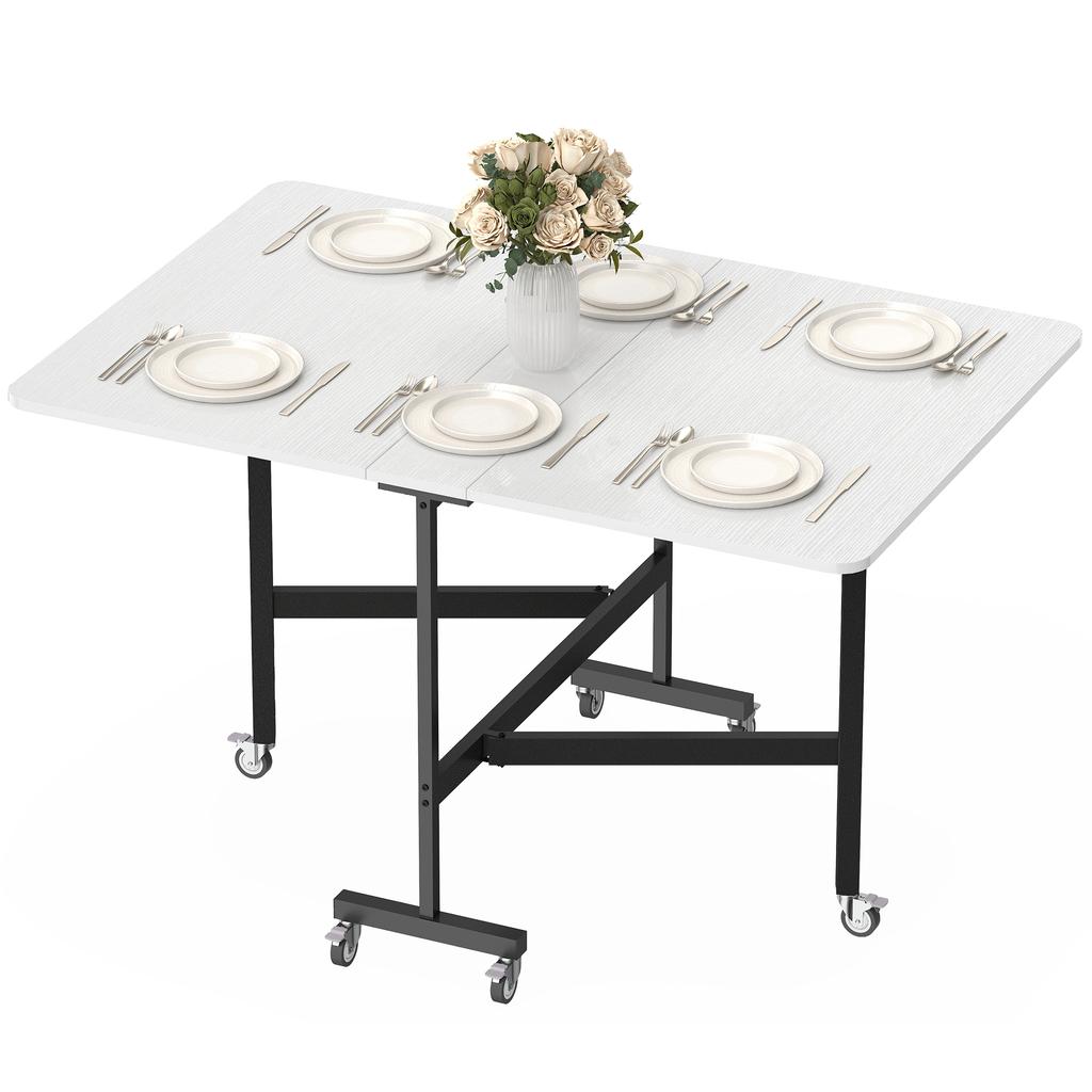 Folding Dining Table on Wheels, for 4-6, 120 cm, Wheels with Brakes, 2 Drop Leaves, White/Black