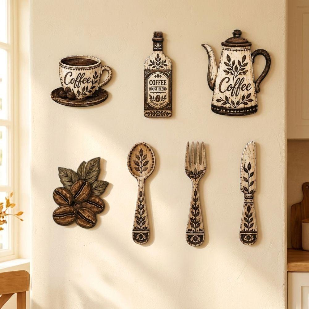 7Pcs Vintage Coffee Utensil Wooden Ornament Dining Room Wall Decor Set For Home Kitchen