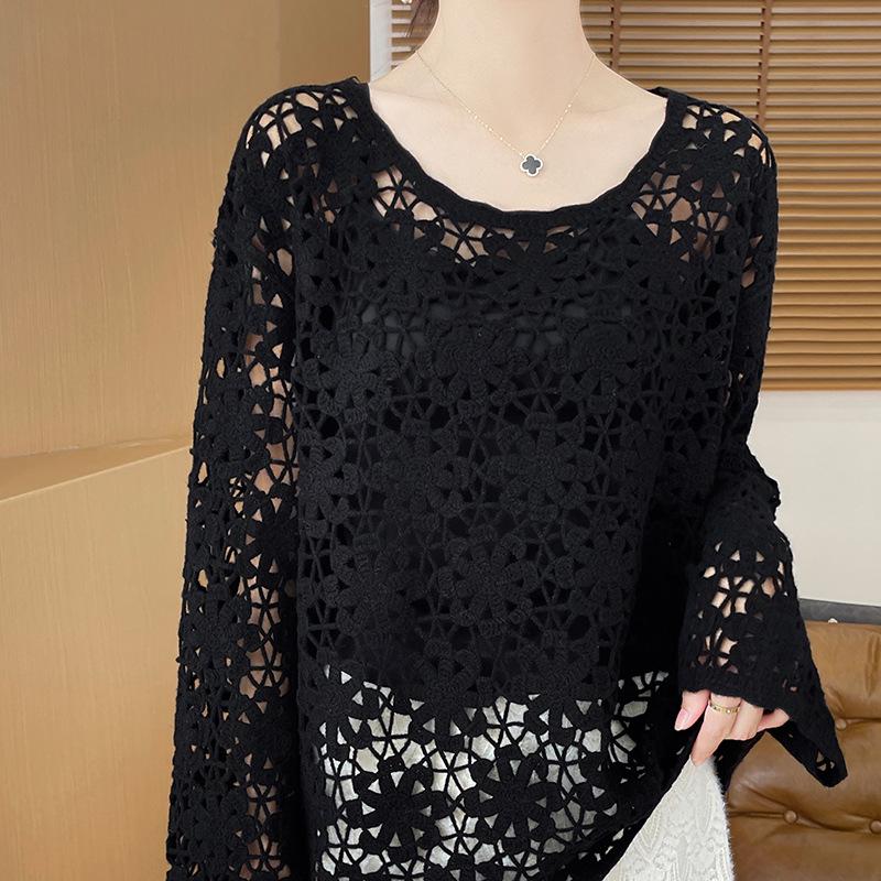French Style Hollow Long Sleeve Cashmere Knit Sweater - Women's Autumn/Winter 2024 Collection Solid Color Top