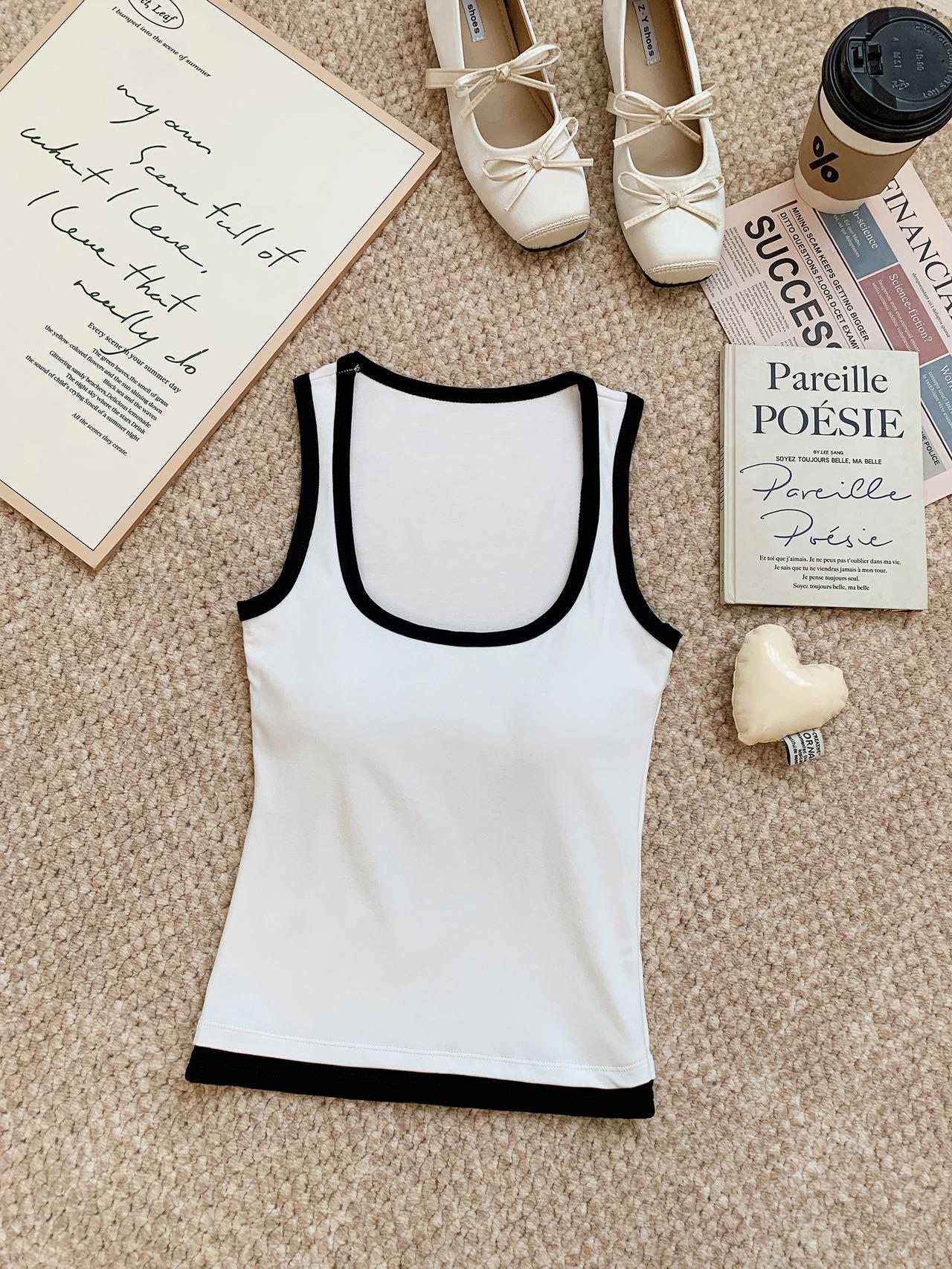 

66036# Летний французский цветной блок, майка с квадратным вырезом и широкими бретелями - Женский камзол без рукавов высокого класса One Size белый