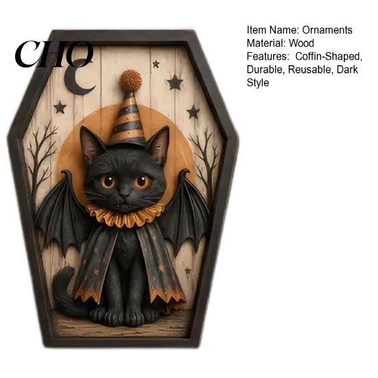 Scary Fireplace Mantel Decorations Halloween Coffin-Shape Wooden Sign Decor, Pumpkin Skeleton Ghost Owl Retro Punk Style Interior Decor Patterns,