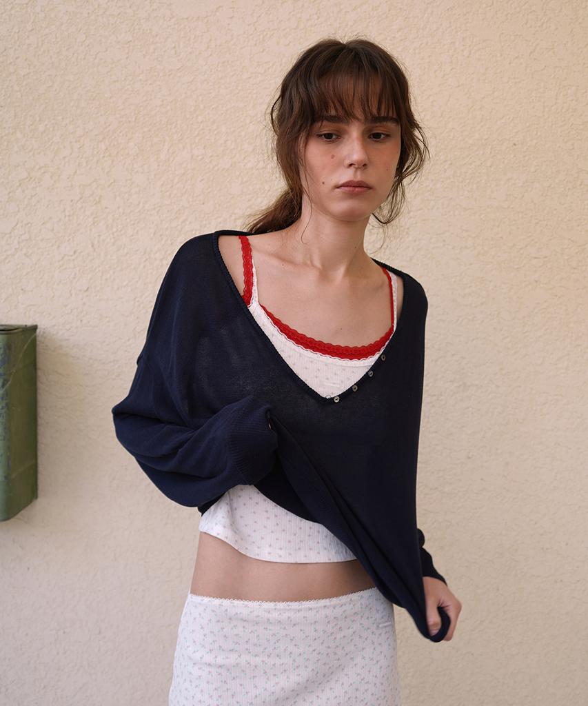 WITHOUT SUMMER Button V-Neck Knit_Navy