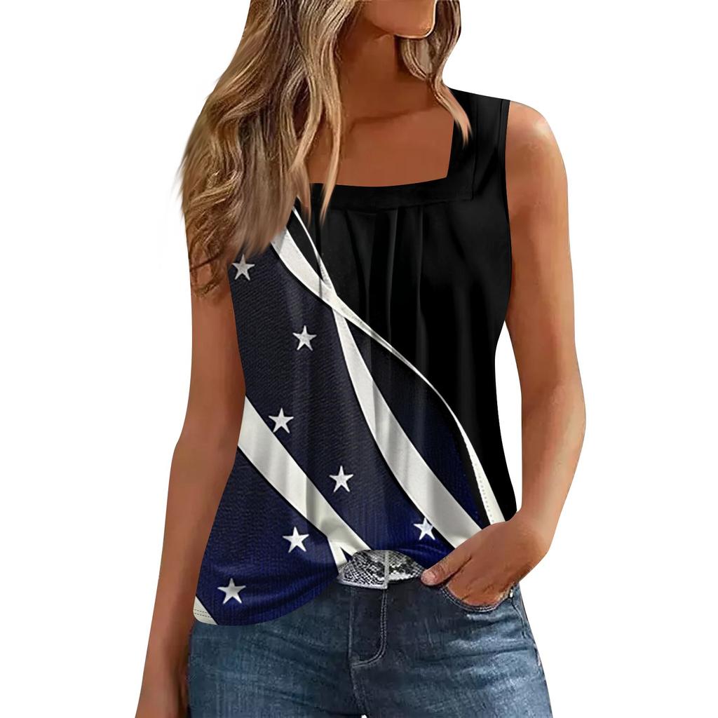 Dámské letní ležérní plisované tílko bez rukávů se čtvercovým výstřihem s potiskem