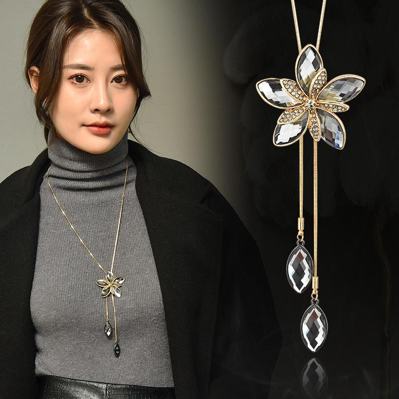 Crystal Flower Autumn and Winter High-end Temperament Long Autumn and Winter Tassel Pendant Necklace