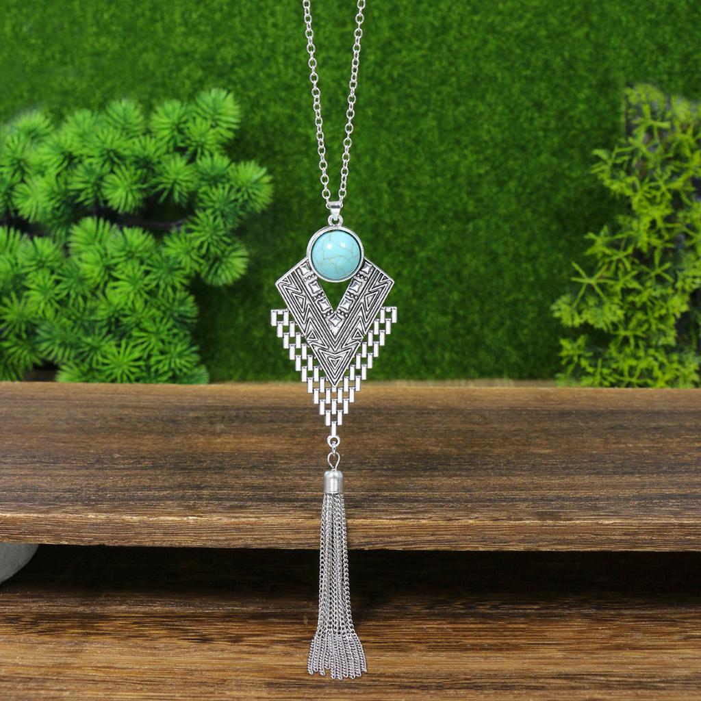 Ethnic Blue Stone Retro Chain Tassel Long Necklace Earring Turkish Gypsy Copper Color Geometric Carved Necklace for Women Party