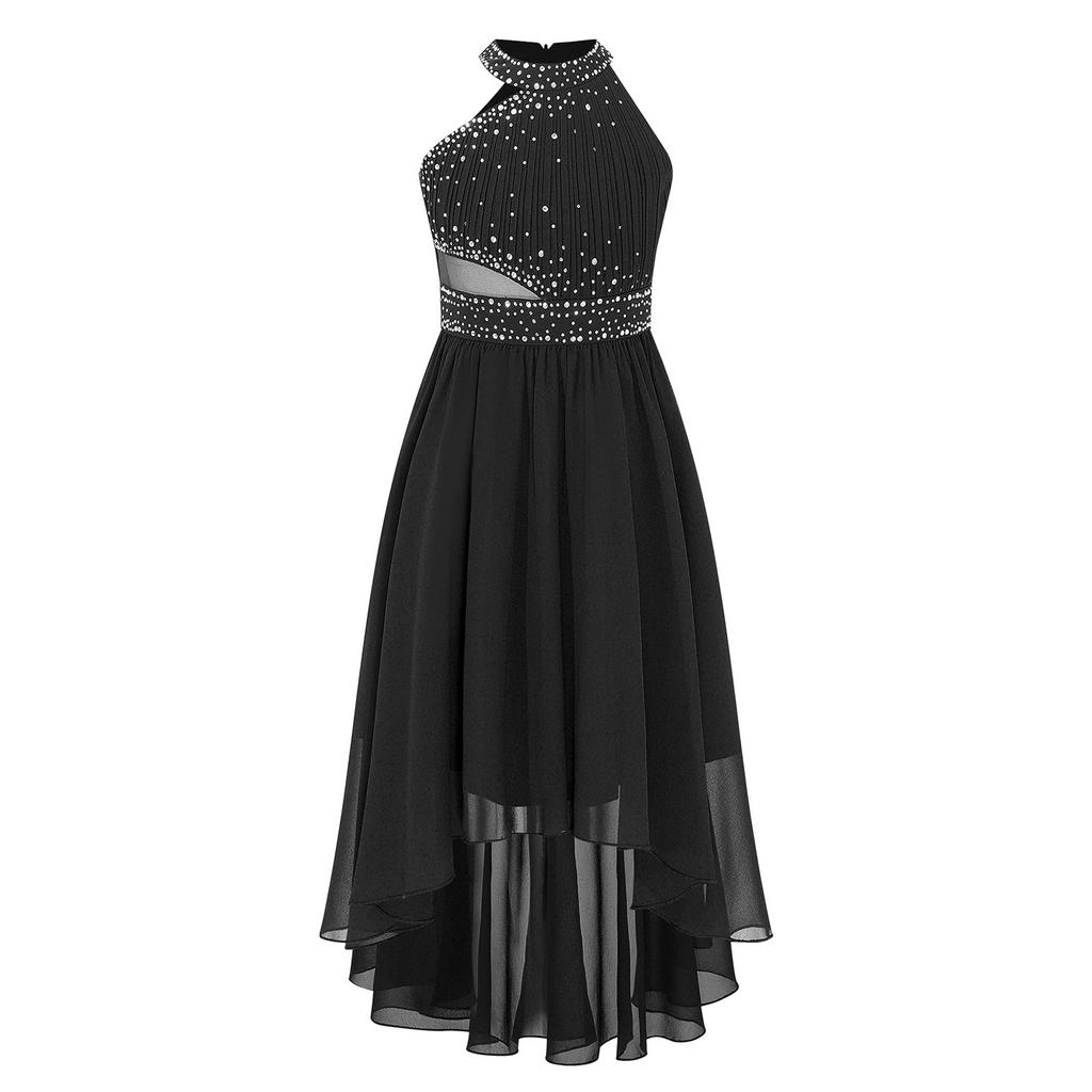 Kids Girls Shiny Rhinestone Party Dress Sleeveless Ruched Chiffon Dress High Waist Elegant Evening Formal Prom Dresses