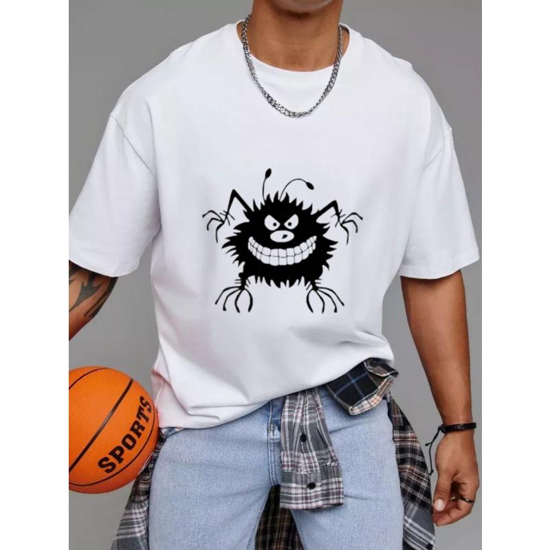 Cotton T Shirt White Black Cartoon Spider Print for Casual Wear