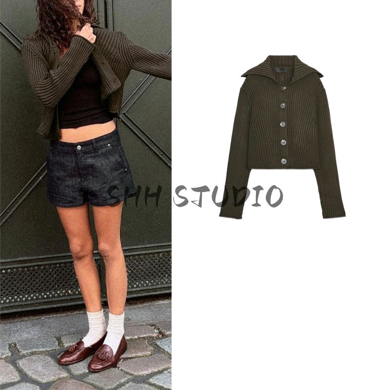 Fall New Women's Clothing French Style Design Rib Button Flap Collar Long Sleeve Knitted Coat 6771127