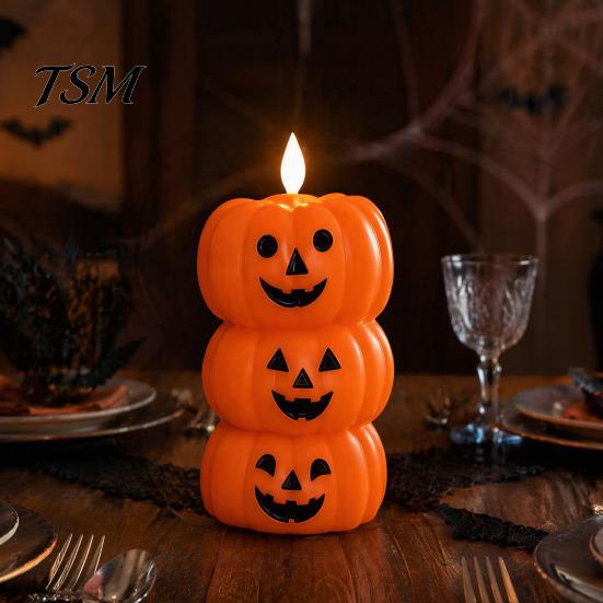 Stacked Pumpkin Lantern Halloween Flameless Fake Candle, Battery Operated Pumpkin/Ghost Candle Light, Fireplace Light LED Flickering Pillar for Dinner