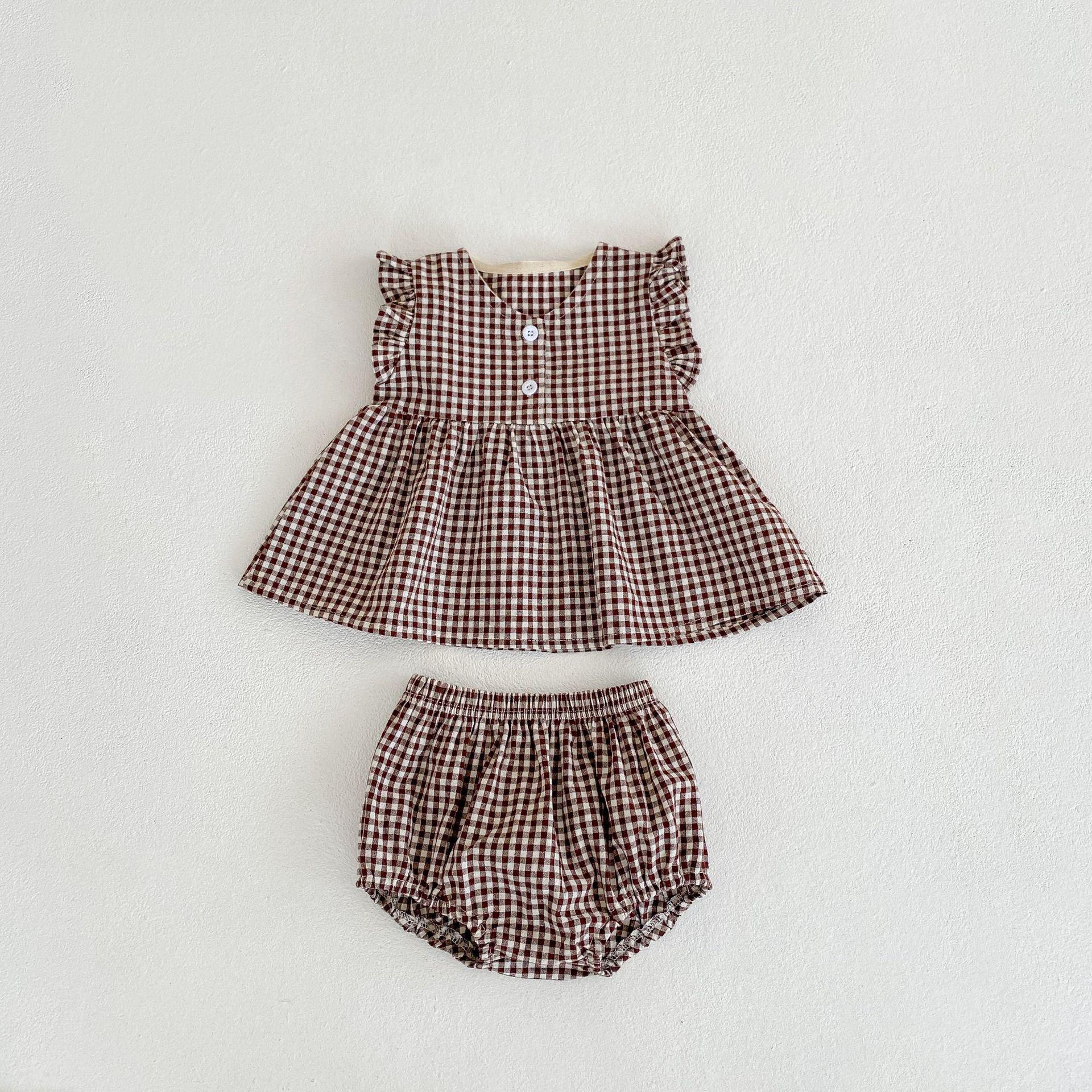 

Літній комплект із 2 предметів: топ у клітинку з рукавами-флатерами та шорти для дівчаток 2024 року 73 cm темно-коричневого кольору